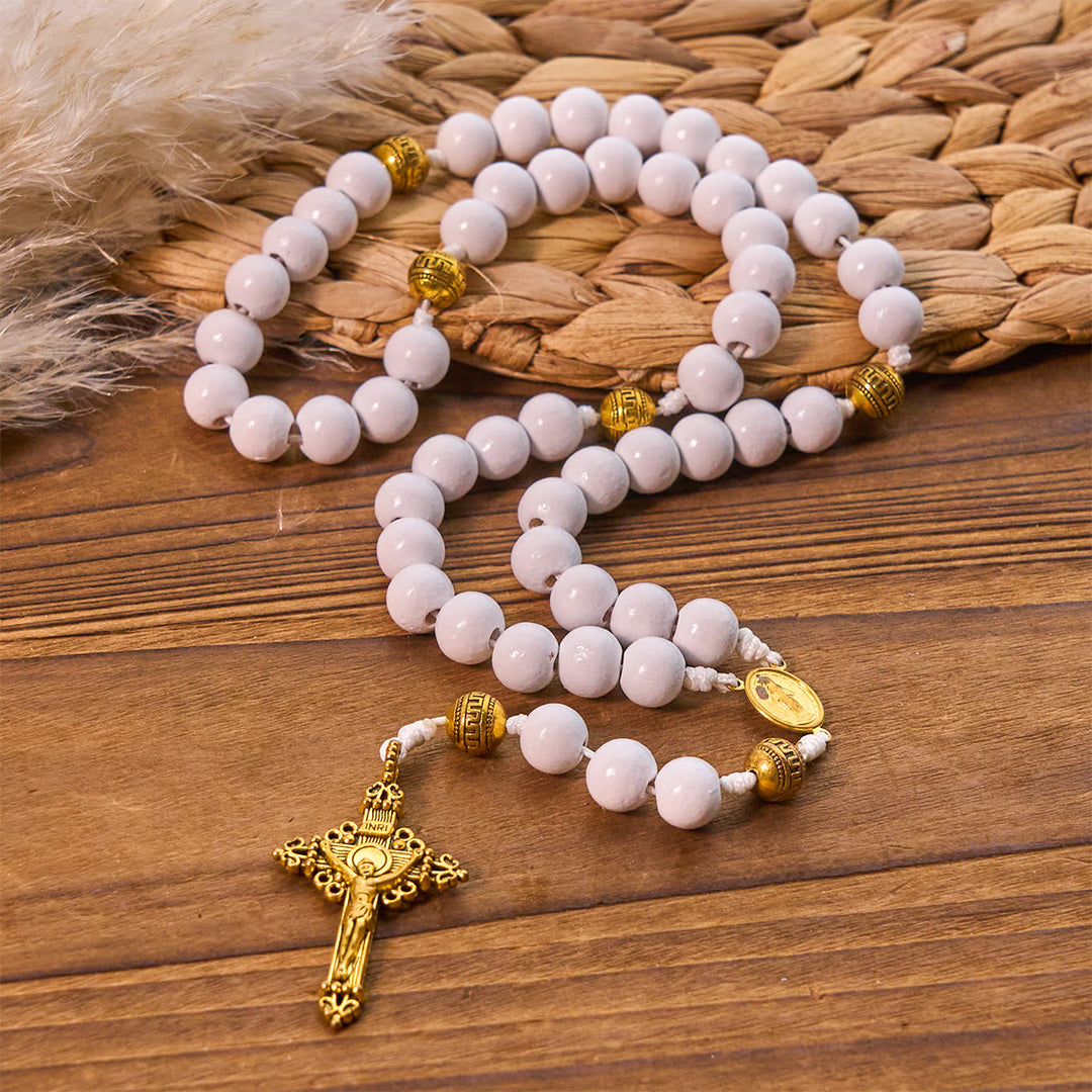 Christianartworkshop Eleganter Rosenkranz aus weißen Perlen mit goldfarbenem Kruzifix und Medaille Unserer Lieben Frau - Kruzifix & Wundertätige Medaille - image 0