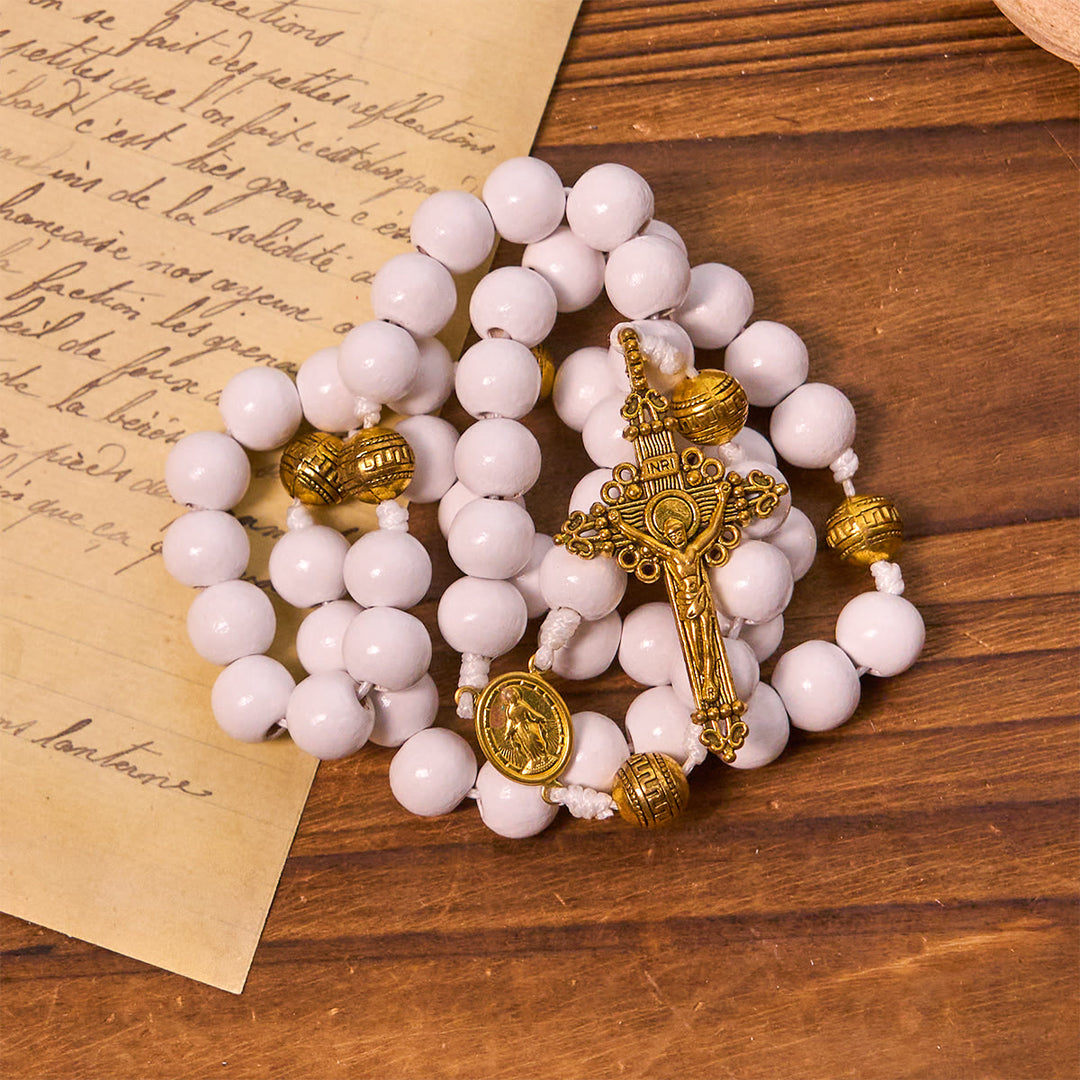 Christianartworkshop Eleganter Rosenkranz aus weißen Perlen mit goldfarbenem Kruzifix und Medaille Unserer Lieben Frau - image 5