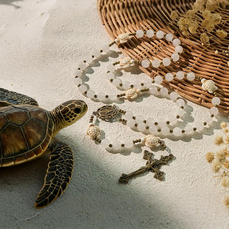 Christianartworkshop Heiliger Gedenk-Rosenkranz aus weißem Quarz und heiliger Schildkröte, Gebetstier - Gebetsrosenkranz mit Schildkrötenmotiv - image 0