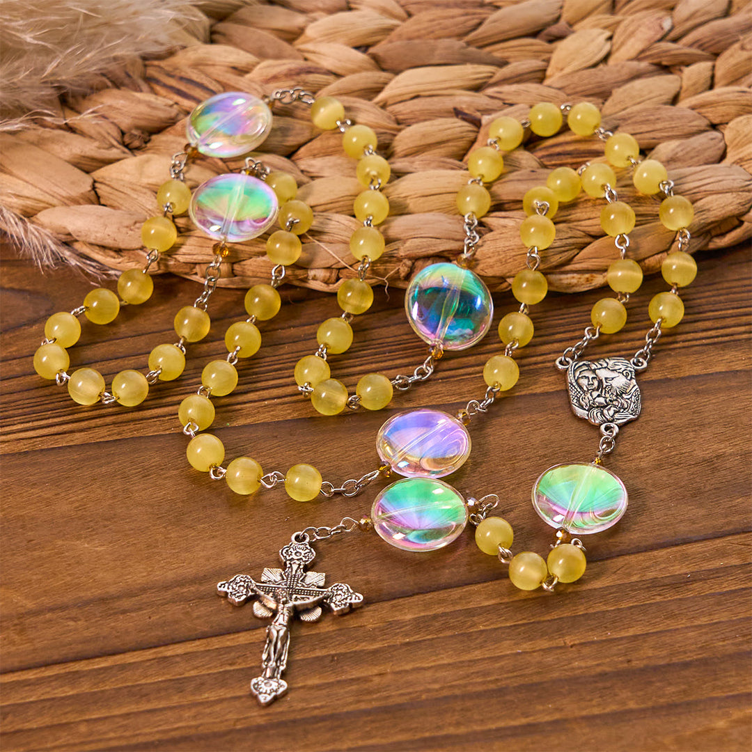 Christianartworkshop Einzigartiger, übergroßer katholischer Rosenkranz mit Regenbogen-Aurora-Perlen und Medaille der Heiligen Familie - Heilige Familie & Kruzifix - image 0