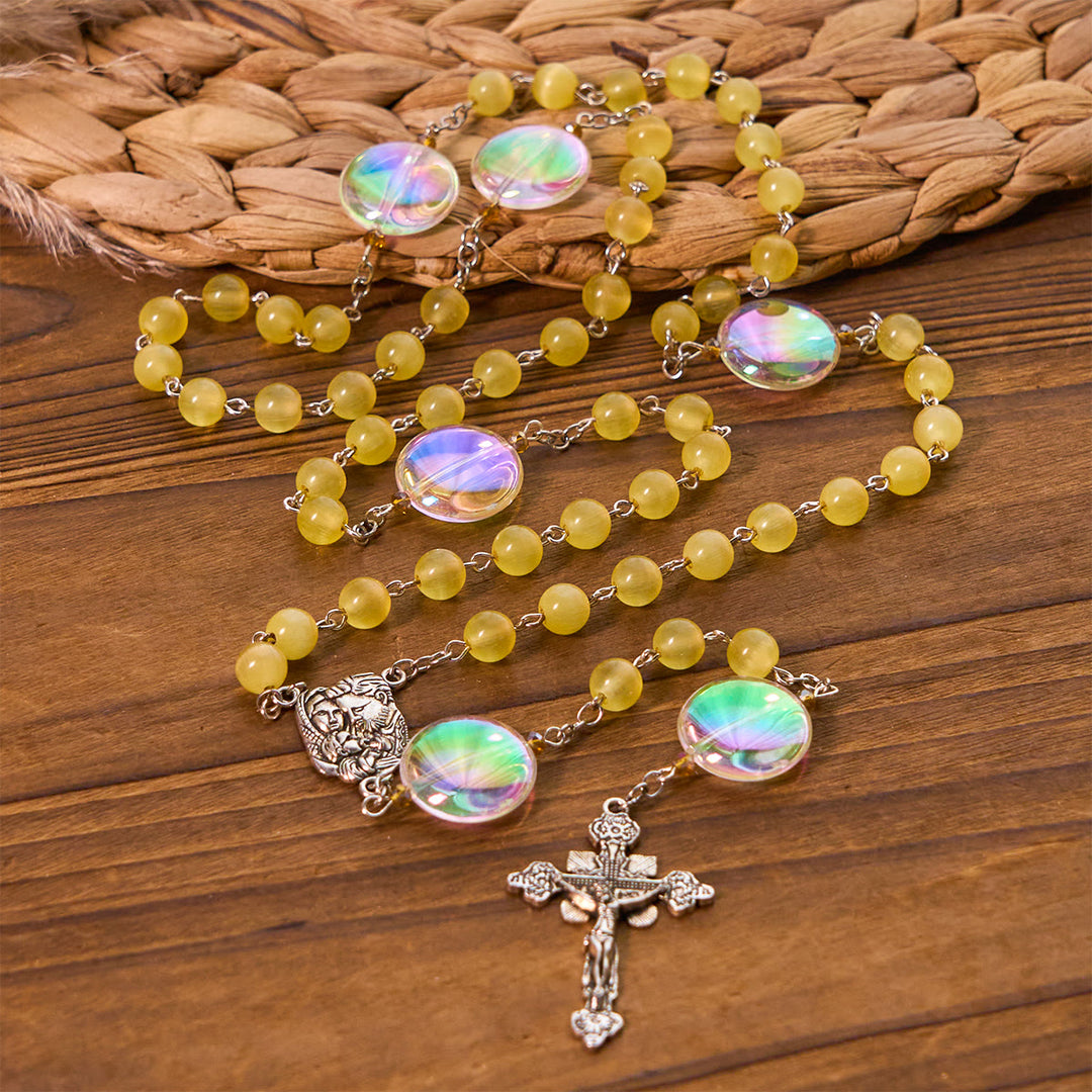 Christianartworkshop Einzigartiger, übergroßer katholischer Rosenkranz mit Regenbogen-Aurora-Perlen und Medaille der Heiligen Familie - image 2