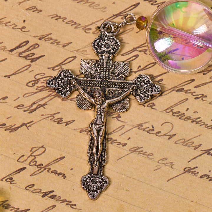 Christianartworkshop Einzigartiger, übergroßer katholischer Rosenkranz mit Regenbogen-Aurora-Perlen und Medaille der Heiligen Familie - image 8