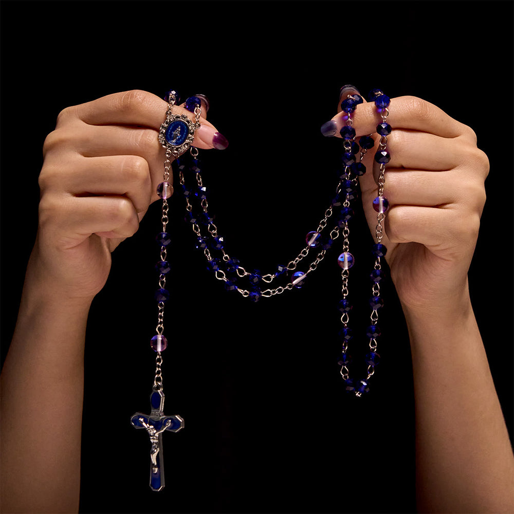 Christianartworkshop Mystischer Gebetsrosenkranz mit facettierten Perlen in Lila und Blau mit Emaille-Medaille „Unsere Liebe Frau“ - image 1