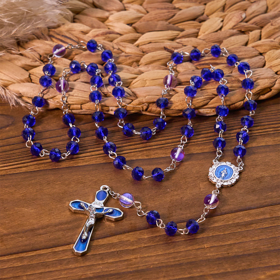 Christianartworkshop Mystischer Gebetsrosenkranz mit facettierten Perlen in Lila und Blau mit Emaille-Medaille „Unsere Liebe Frau“ - Wundertätige Medaille & Kruzifix - image 0