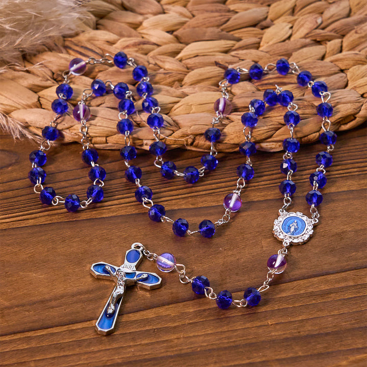 Christianartworkshop Mystischer Gebetsrosenkranz mit facettierten Perlen in Lila und Blau mit Emaille-Medaille „Unsere Liebe Frau“ - Wundertätige Medaille & Kruzifix - image 0