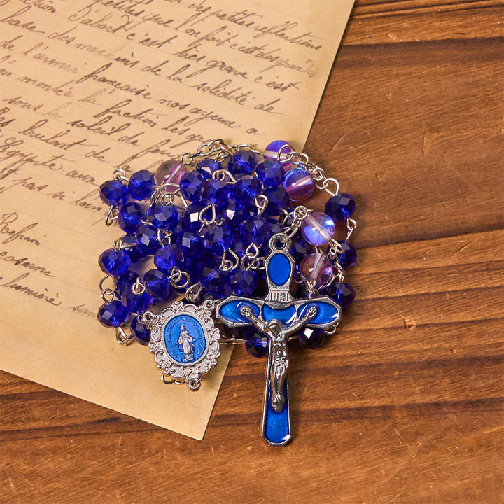 Christianartworkshop Mystischer Gebetsrosenkranz mit facettierten Perlen in Lila und Blau mit Emaille-Medaille „Unsere Liebe Frau“ - image 5