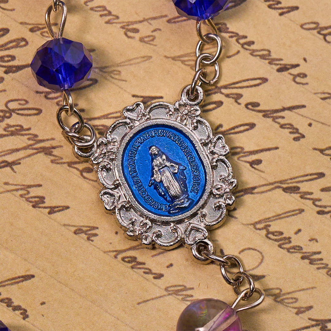 Christianartworkshop Mystischer Gebetsrosenkranz mit facettierten Perlen in Lila und Blau mit Emaille-Medaille „Unsere Liebe Frau“ - image 7