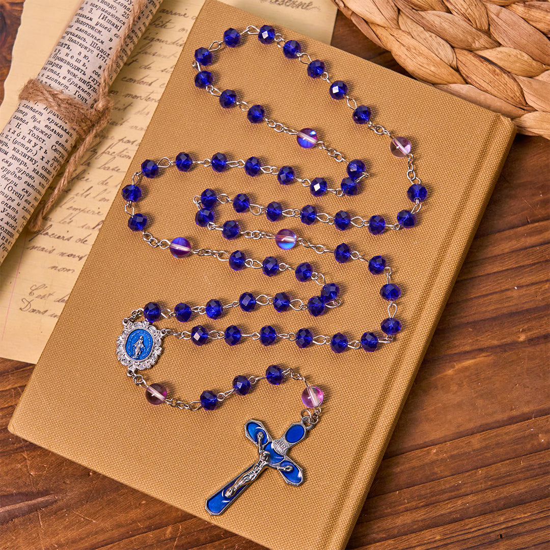 Christianartworkshop Mystischer Gebetsrosenkranz mit facettierten Perlen in Lila und Blau mit Emaille-Medaille „Unsere Liebe Frau“ - image 3