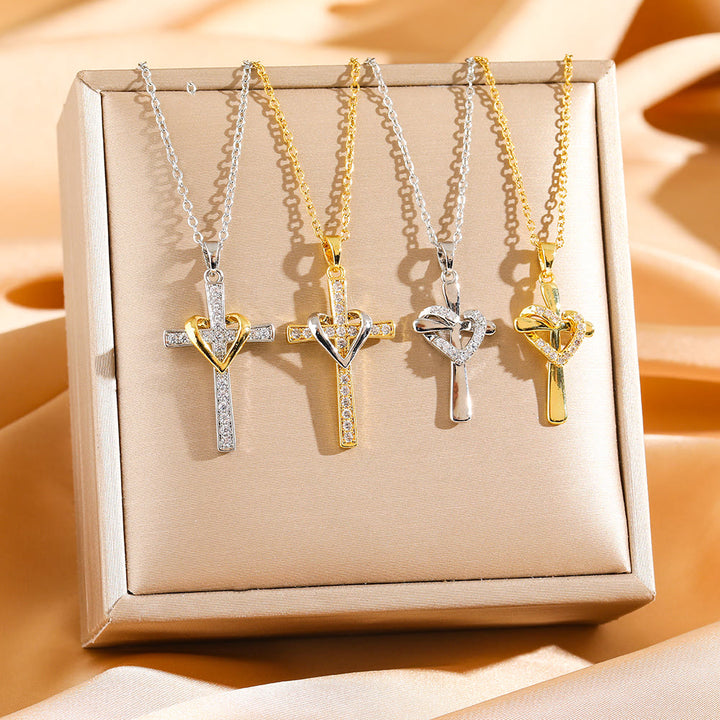Christianartworkshop Zweifarbige Herz- und Kreuzkette mit Zirkonen: Verschmelzung von Liebe und Glauben - Goldenes Kreuz mit goldenem Herz - image 0