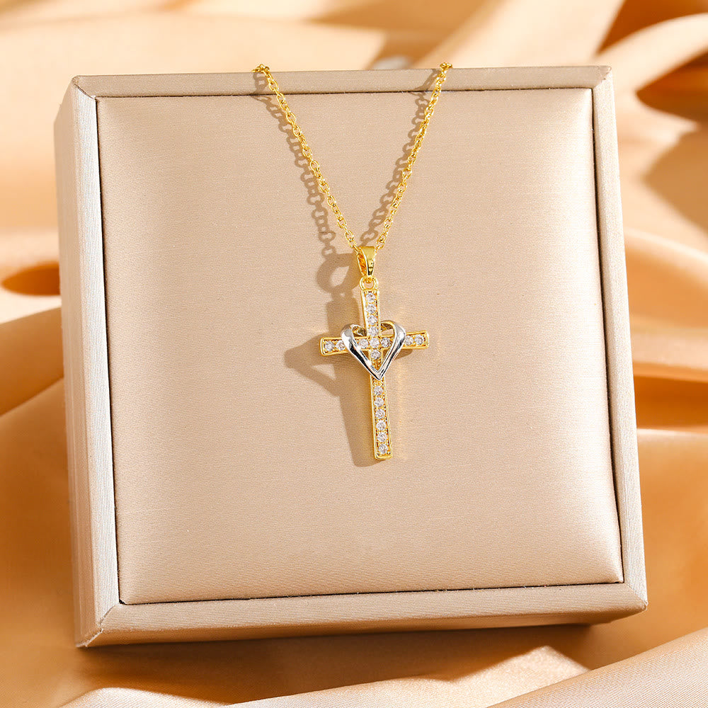 Christianartworkshop Zweifarbige Herz- und Kreuzkette mit Zirkonen: Verschmelzung von Liebe und Glauben - Goldenes Kreuz mit silbernem Herz - image 3