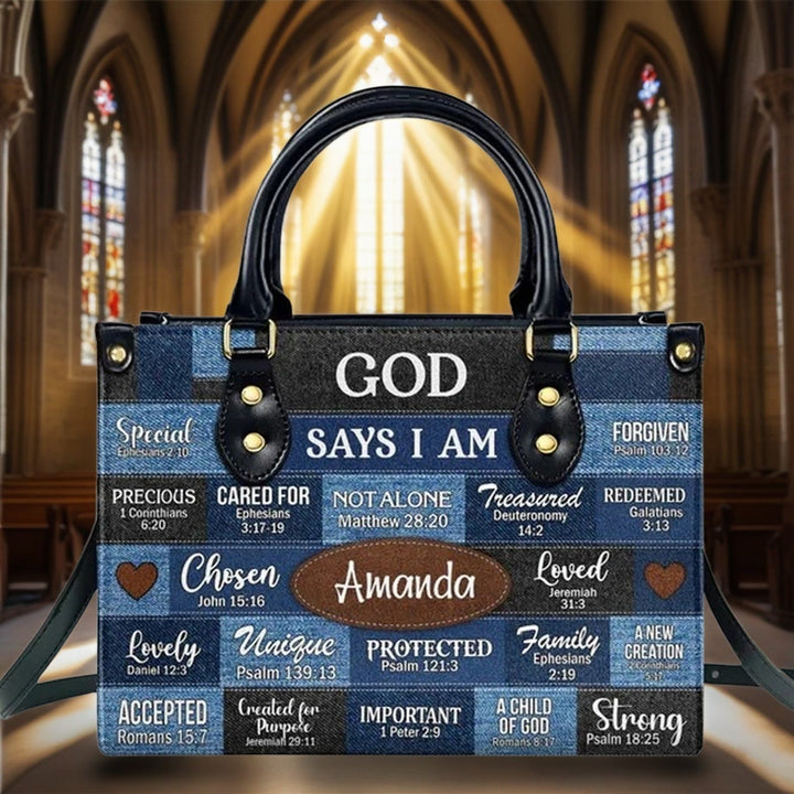 Christianartworkshop Personalisierte Lederhandtasche mit blauem und braunem Patchwork-Muster und Bibelzitaten - image 5