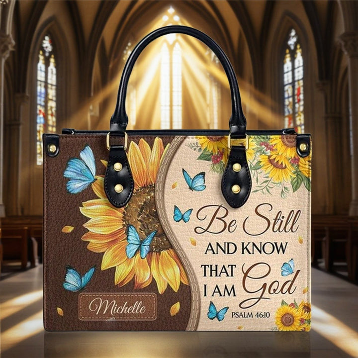 Christianartworkshop Sonnenblume – Schmetterling Personalisierte Lederhandtasche mit biblischer Inspiration - image 2
