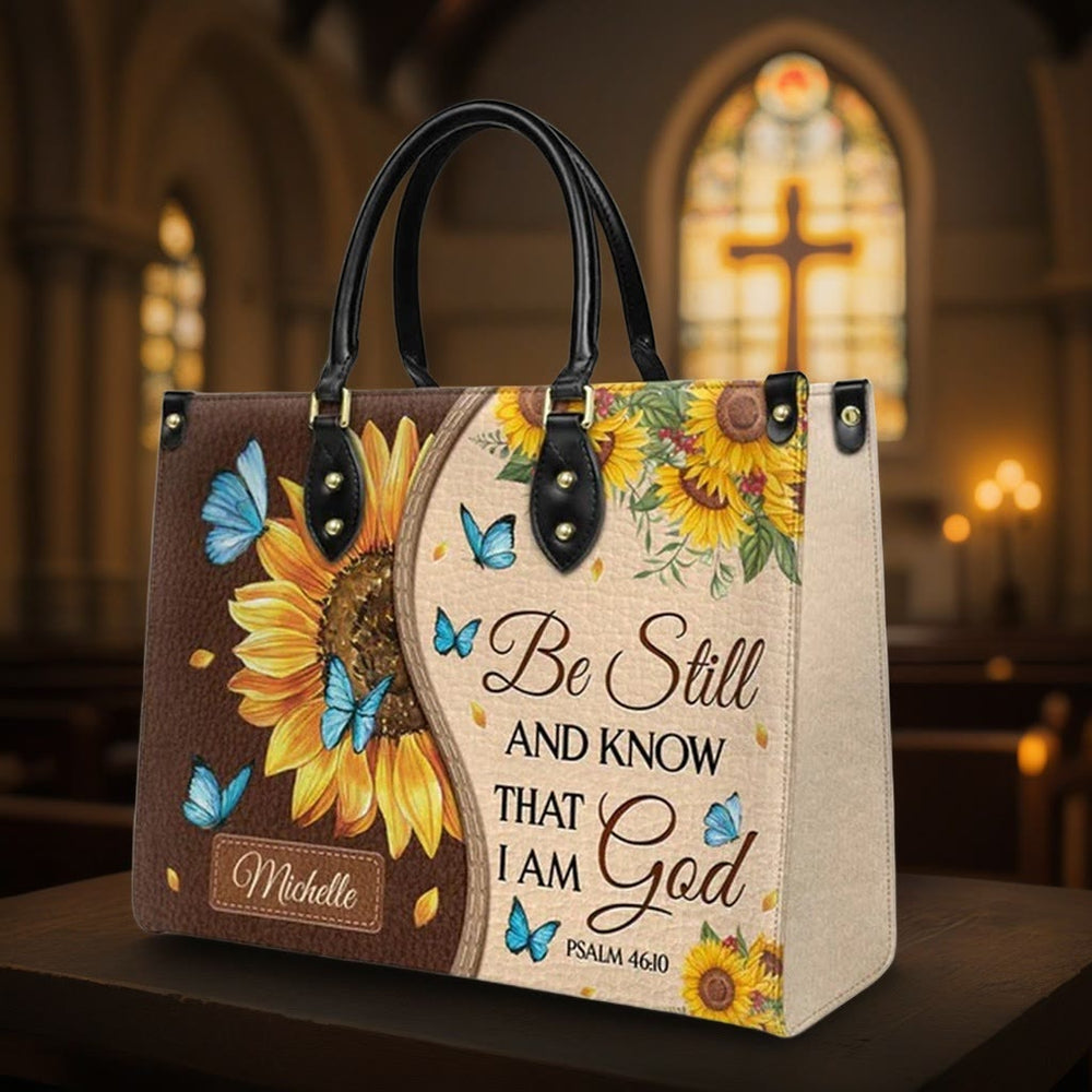 Christianartworkshop Sonnenblume – Schmetterling Personalisierte Lederhandtasche mit biblischer Inspiration - image 1