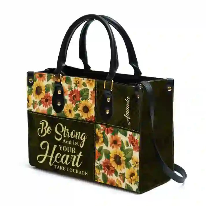 Personalisierte Patchwork-Lederhandtasche von Christianartworkshop mit Sonnenblumen und inspirierendem Zitat - image 9