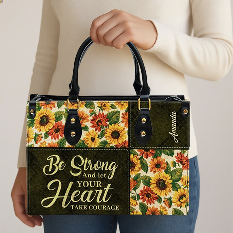 Personalisierte Patchwork-Lederhandtasche von Christianartworkshop mit Sonnenblumen und inspirierendem Zitat - image 2