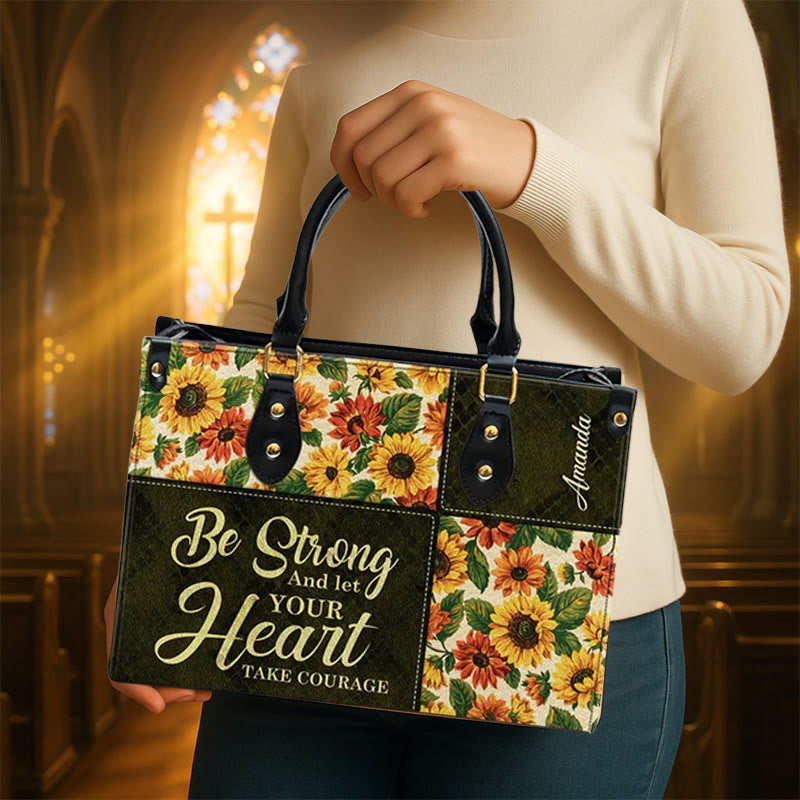 Personalisierte Patchwork-Lederhandtasche von Christianartworkshop mit Sonnenblumen und inspirierendem Zitat - image 1
