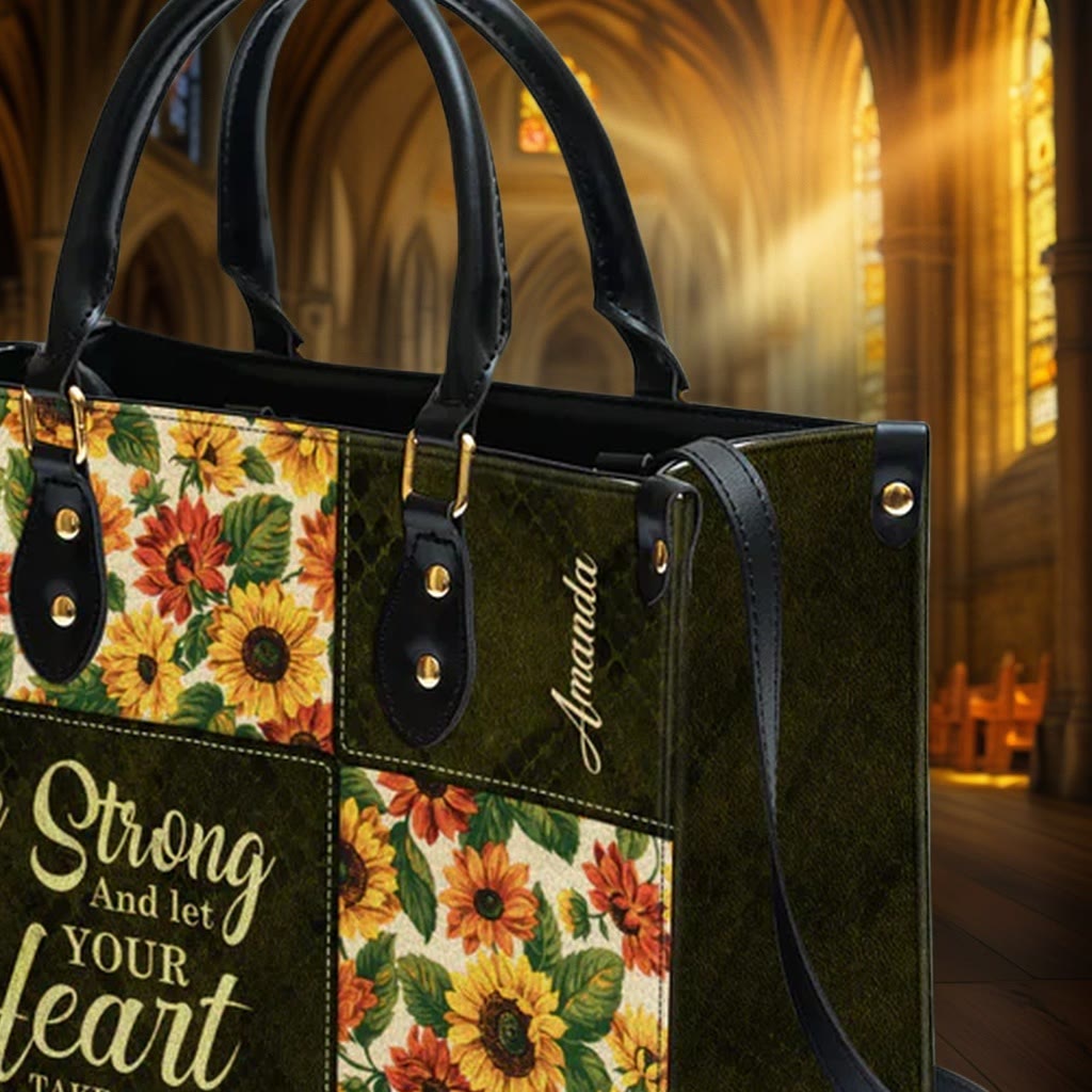 Christianartworkshop Patchwork-Handtasche aus Leder mit Sonnenblumen und inspirierendem Zitat, personalisierbar - image 8