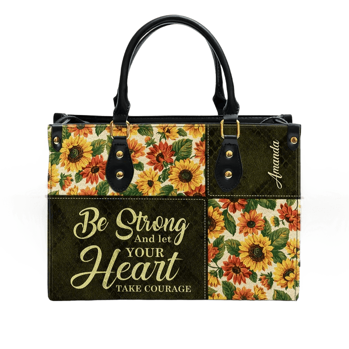 Personalisierte Patchwork-Lederhandtasche von Christianartworkshop mit Sonnenblumen und inspirierendem Zitat - image 10