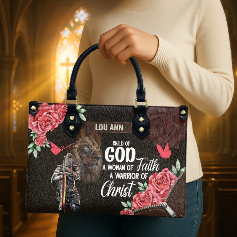 Christianartworkshop Personalisierte Lederhandtasche mit floralem Kriegermotiv, Löwe von Juda - image 1
