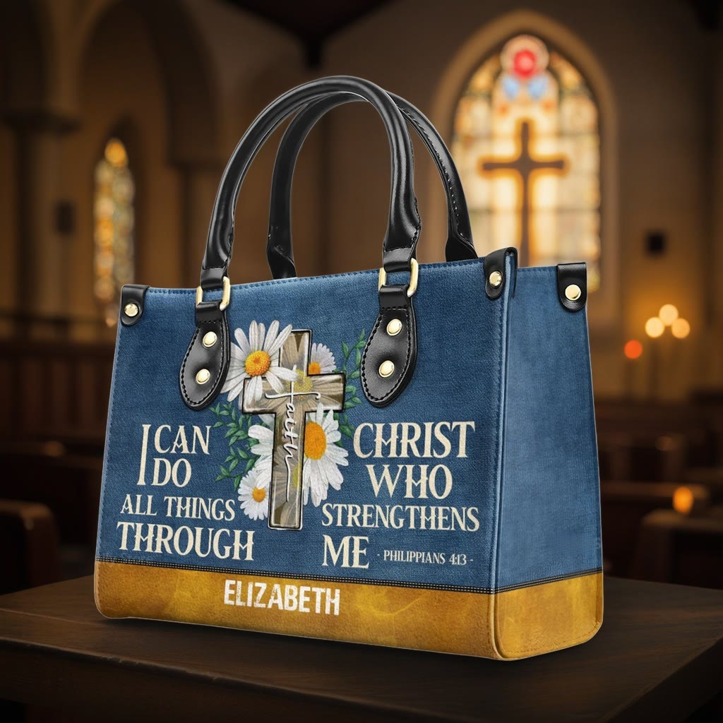 Christianartworkshop – „Ich kann alles durch Christus tun“ – Personalisierte Lederhandtasche mit Gänseblümchenmotiv - XL - Normal (keine Sonderanfertigung) - image 0