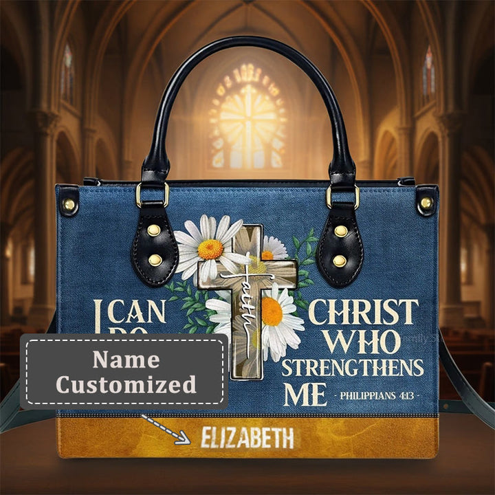 Christianartworkshop – „Ich kann alles durch Christus tun“ – Personalisierte Lederhandtasche mit Gänseblümchenmotiv - XL - Name individuell gestaltet - image 4