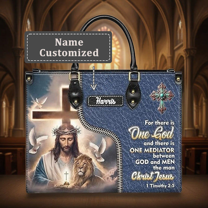 Personalisierte Lederhandtasche von Christianartworkshop mit Jesus, Löwe und dem Bibelvers 1 Timotheus 2,5 - XL - Name personalisiert - image 5