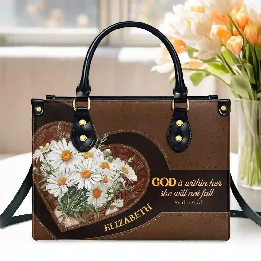 Personalisierte Lederhandtasche mit Gänseblümchen- und Herzmotiv inspiriert von Psalm 46,5 (Christianartworkshop) - image 6