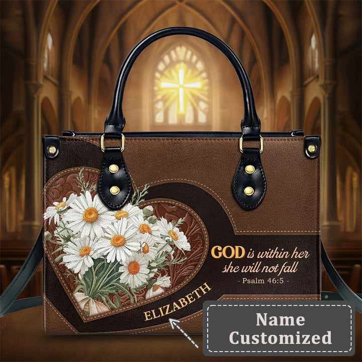 Personalisierte Lederhandtasche mit Gänseblümchen- und Herzmotiv inspiriert von Psalm 46,5 (Christianartworkshop) - XL - Name personalisiert - image 7
