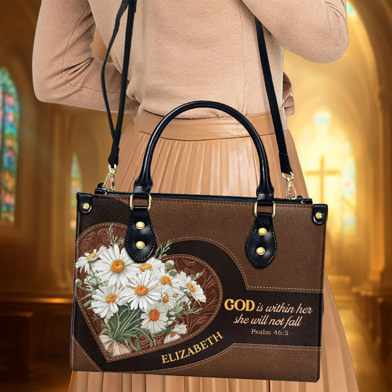 Personalisierte Lederhandtasche mit Gänseblümchen- und Herzmotiv inspiriert von Psalm 46,5 (Christianartworkshop) - image 4