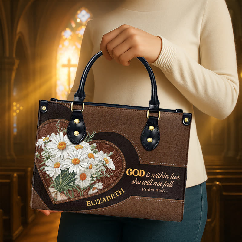 Personalisierte Lederhandtasche mit Gänseblümchen- und Herzmotiv inspiriert von Psalm 46,5 (Christianartworkshop) - image 3