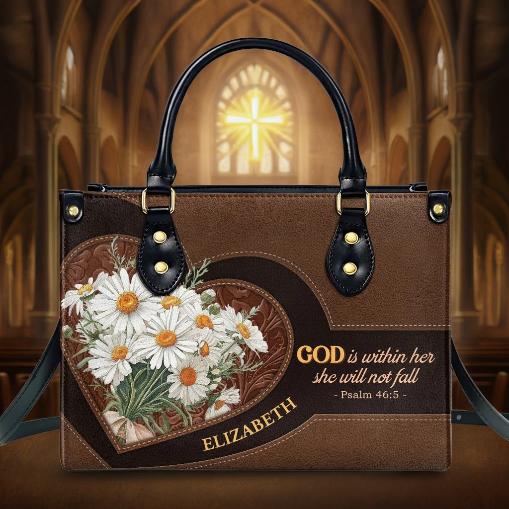 Christianartworkshop, inspiriert von Psalm 46:5, personalisierte Lederhandtasche mit Gänseblümchen- und Herz-Design - XL - Normal (keine Sonderanfertigung) - image 0