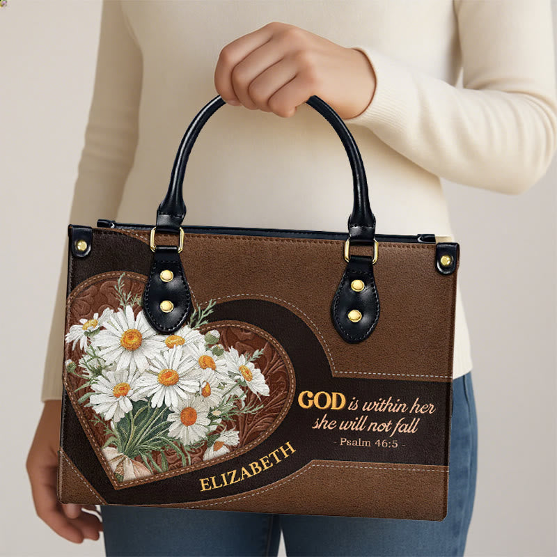 Personalisierte Lederhandtasche mit Gänseblümchen- und Herzmotiv inspiriert von Psalm 46,5 (Christianartworkshop) - image 5