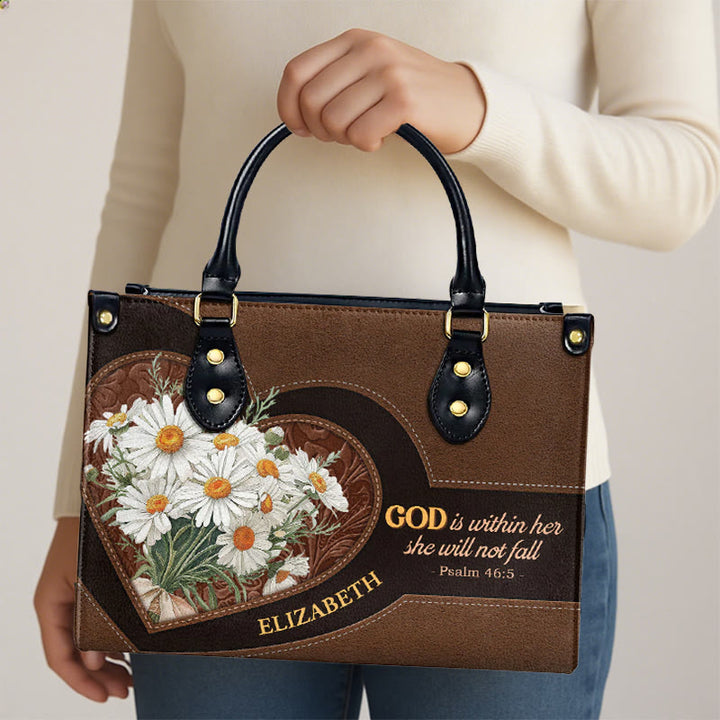 Personalisierte Lederhandtasche mit Gänseblümchen- und Herzmotiv inspiriert von Psalm 46,5 (Christianartworkshop) - image 5