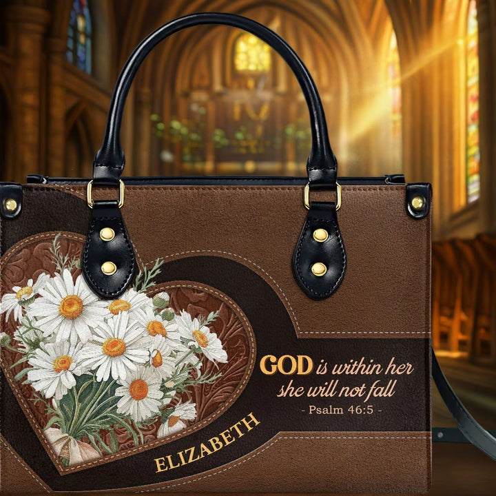 Personalisierte Lederhandtasche mit Gänseblümchen- und Herzmotiv inspiriert von Psalm 46,5 (Christianartworkshop) - image 2