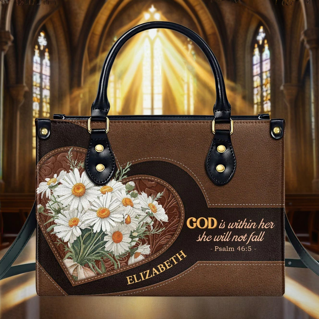 Personalisierte Lederhandtasche mit Gänseblümchen- und Herzmotiv inspiriert von Psalm 46,5 (Christianartworkshop) - image 1