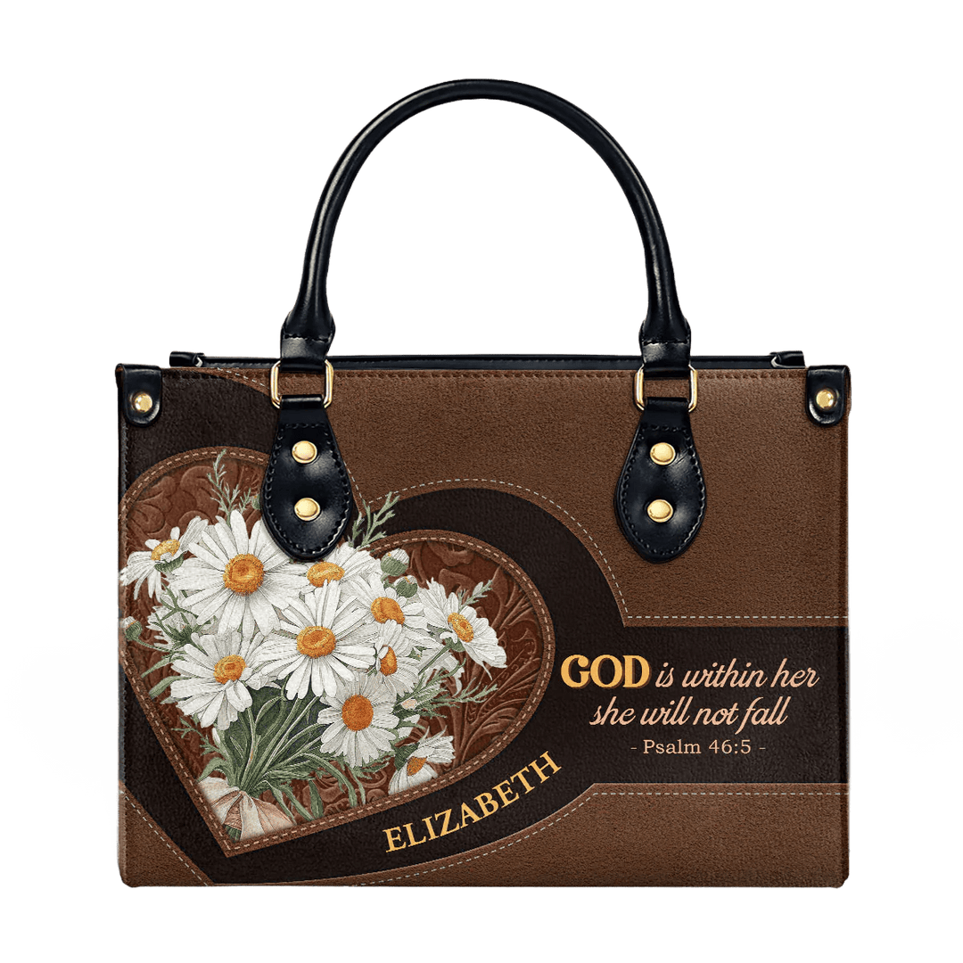 Christianartworkshop, inspiriert von Psalm 46:5, personalisierte Lederhandtasche mit Gänseblümchen- und Herz-Design - image 9