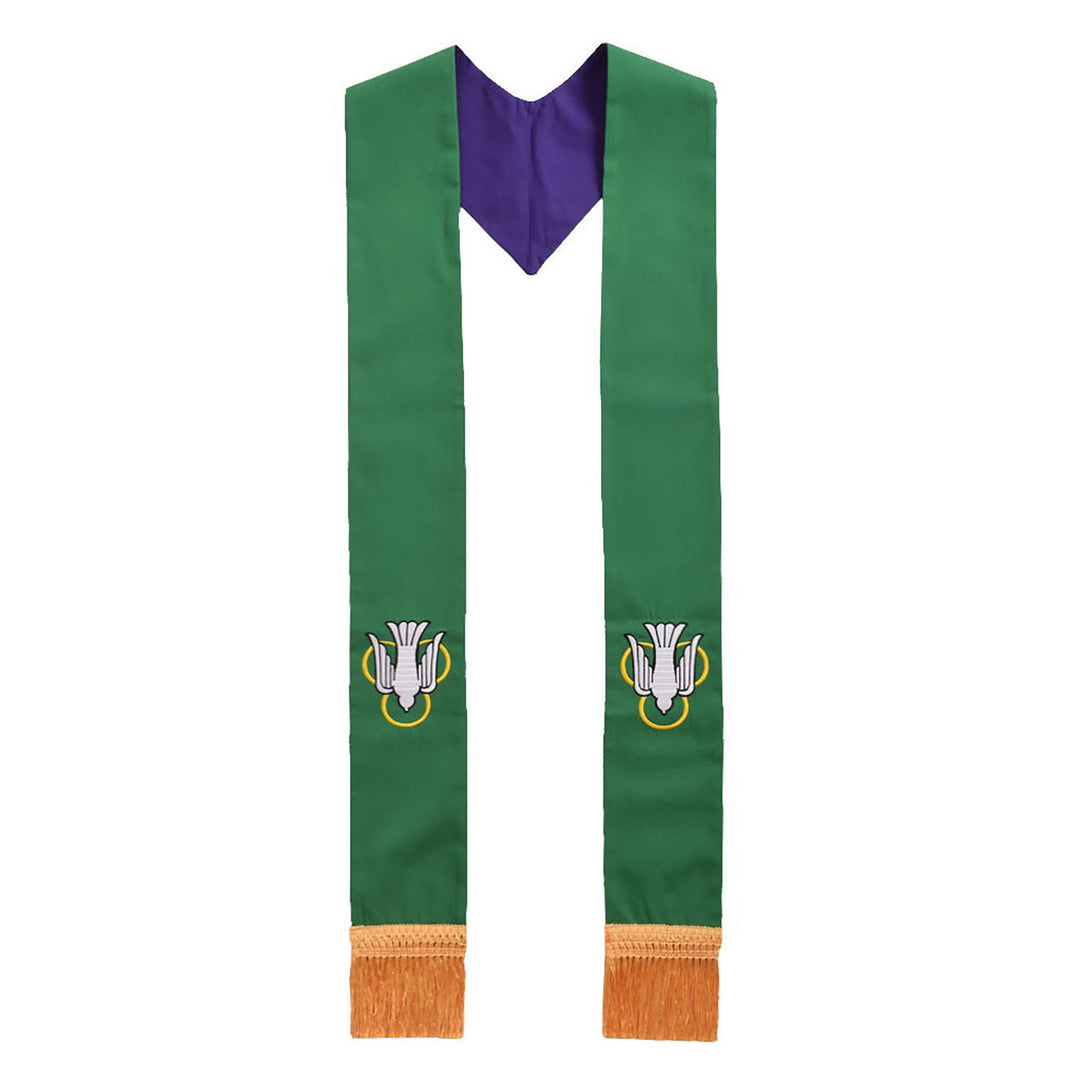 Grüne Priesterstola von Christianartworkshop mit Heiliger-Geist-Taube, lila Futter und goldenen Fransen - Grün - Standard Liturgisch (270 cm Gesamtlänge) - image 0