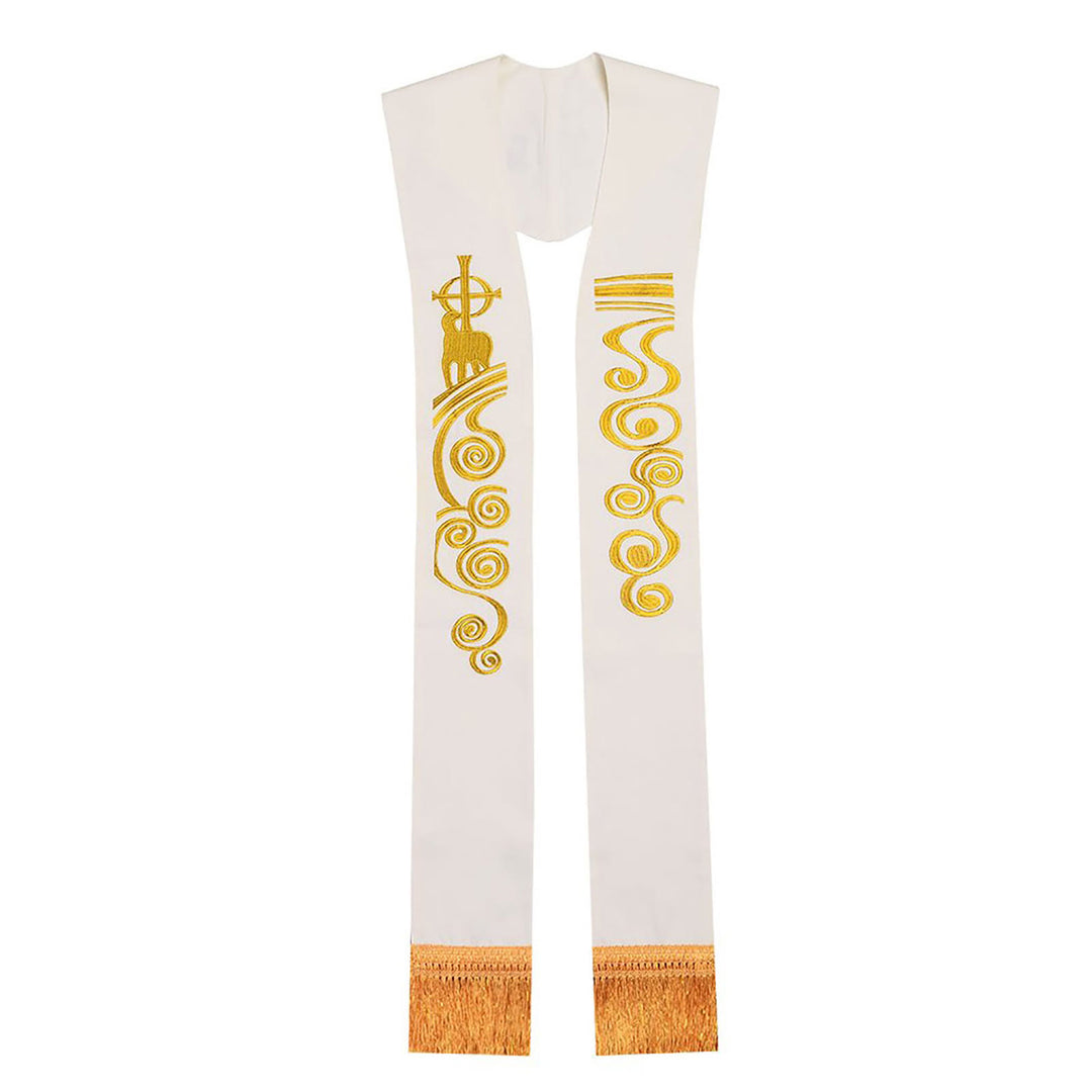 Christianartworkshop Traditionelle weiße liturgische Stola mit goldenen Lamm- und Kreuzmotiven - Weiß - image 0
