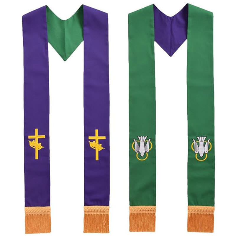 Christianartworkshop Lila-grüne Priesterstola mit wendbarem goldenen Kreuz und Heiligengeist-Motiven - Lila - image 0