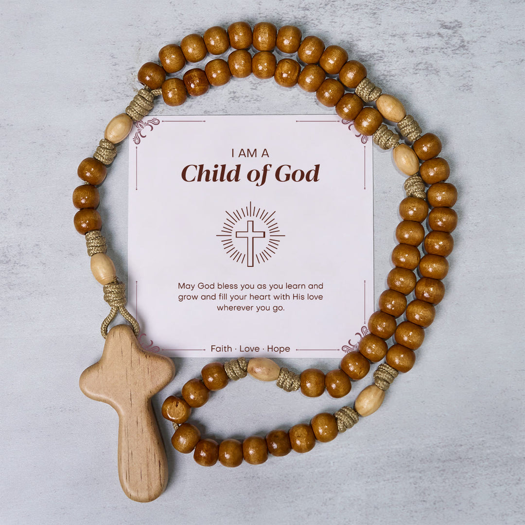 Christianartworkshop GEBETSVOLLER GLAUBE: Handgefertigter minimalistischer Rosenkranz aus Olivenholz mit Geschenkkarte - Kind Gottes - image 2