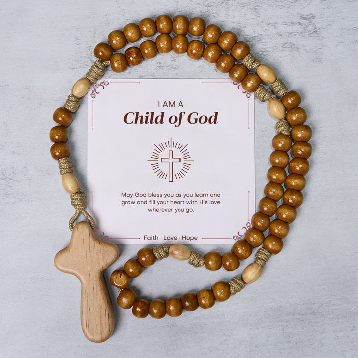 Christianartworkshop GEBETSVOLLER GLAUBE: Handgefertigter minimalistischer Rosenkranz aus Olivenholz mit Geschenkkarte - Kind Gottes - image 2