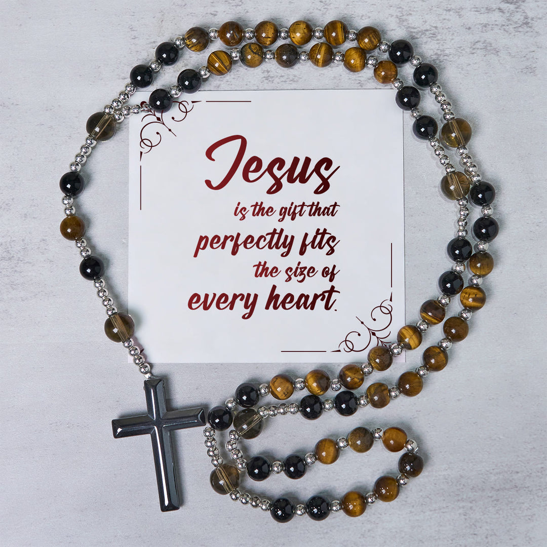 Christianartworkshop GEBETSVOLLER GLAUBE: Handgefertigter Rosenkranz aus natürlichem Obsidian und Tigerauge mit Geschenkkarte - Jesus ist das Geschenk - image 2