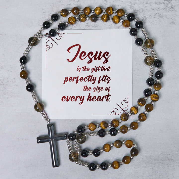 Christianartworkshop GEBETSVOLLER GLAUBE: Handgefertigter Rosenkranz aus natürlichem Obsidian und Tigerauge mit Geschenkkarte - Jesus ist das Geschenk - image 2