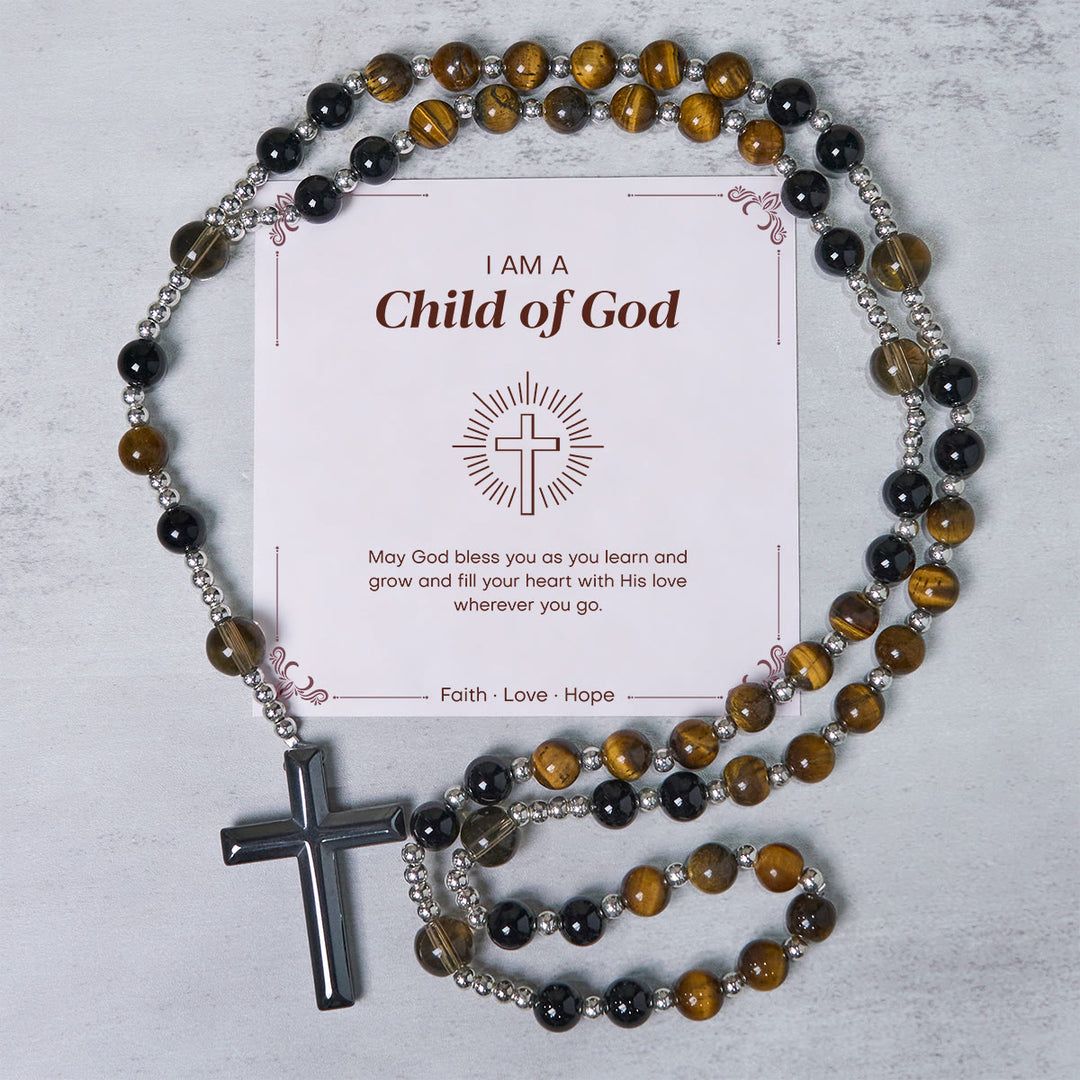 Christianartworkshop GEBETSVOLLER GLAUBE: Handgefertigter Rosenkranz aus natürlichem Obsidian und Tigerauge mit Geschenkkarte - Kind Gottes - image 3