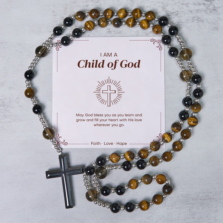 Christianartworkshop GEBETSVOLLER GLAUBE: Handgefertigter Rosenkranz aus natürlichem Obsidian und Tigerauge mit Geschenkkarte - Kind Gottes - image 3