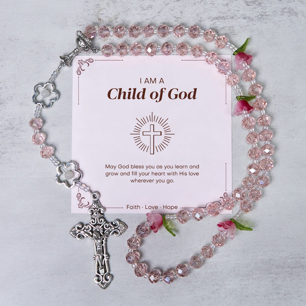 Christianartworkshop Jesus ist das Geschenk: Handgefertigter, eleganter Rosenkranz aus rosa Kristall mit 3D-Rosenperlen mit Geschenkkarte - Kind Gottes - image 1