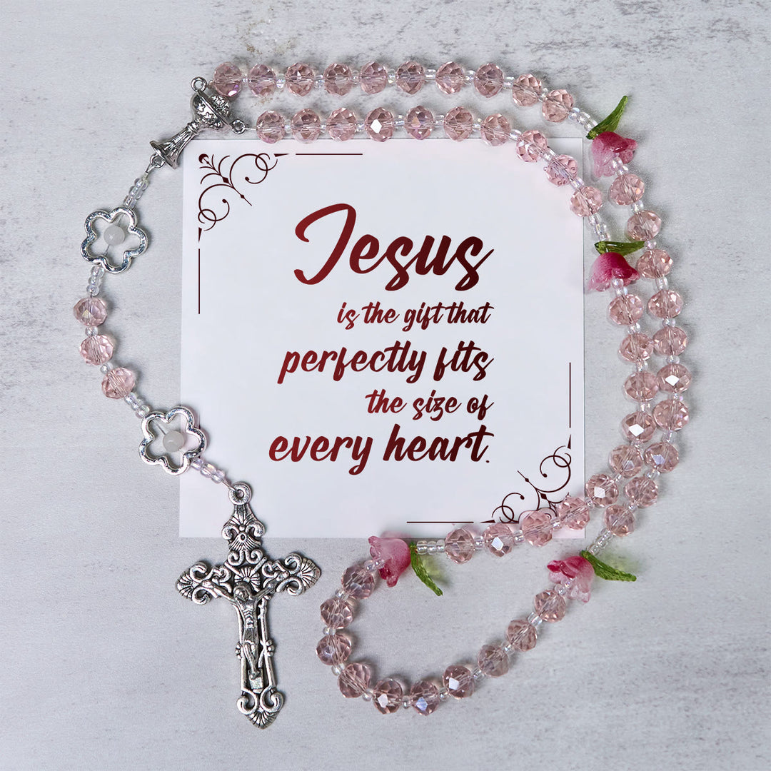 Christianartworkshop Jesus ist das Geschenk: Handgefertigter, eleganter Rosenkranz aus rosa Kristall mit 3D-Rosenperlen mit Geschenkkarte - Jesus ist das Geschenk - image 0