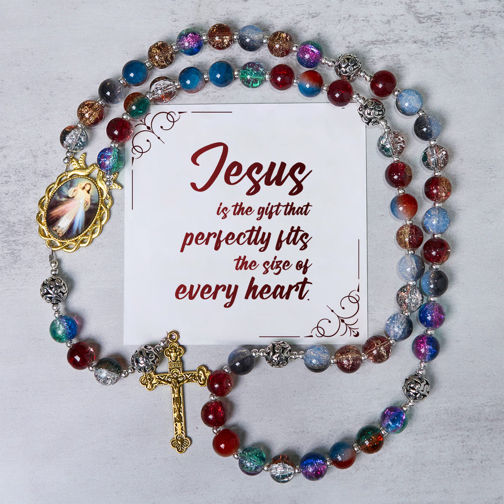 Christianartworkshop GEBETSVOLLER GLAUBE: Handgefertigter Rosenkranz mit mehrfarbigen Glasperlen und Messingkruzifix in Farbverlaufsform mit Geschenkkarte - Jesus ist das Geschenk - image 1