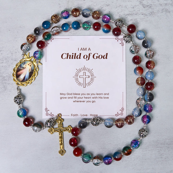 Christianartworkshop GEBETSVOLLER GLAUBE: Handgefertigter Rosenkranz mit mehrfarbigen Glasperlen und Messingkruzifix in Farbverlaufsform mit Geschenkkarte - Kind Gottes - image 0