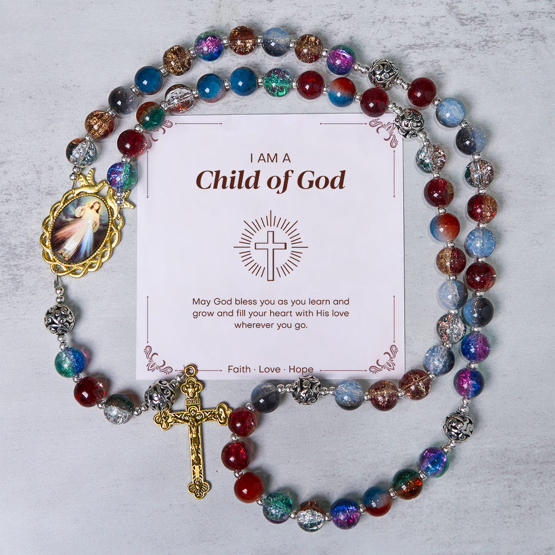 Christianartworkshop GEBETSVOLLER GLAUBE: Handgefertigter Rosenkranz mit mehrfarbigen Glasperlen und Messingkruzifix in Farbverlaufsform mit Geschenkkarte - Kind Gottes - image 0